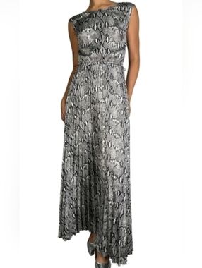 Michael Kors Silver & Gray Snake-Print Maxi Dress, Pleated, Elastic Waist, S: XS